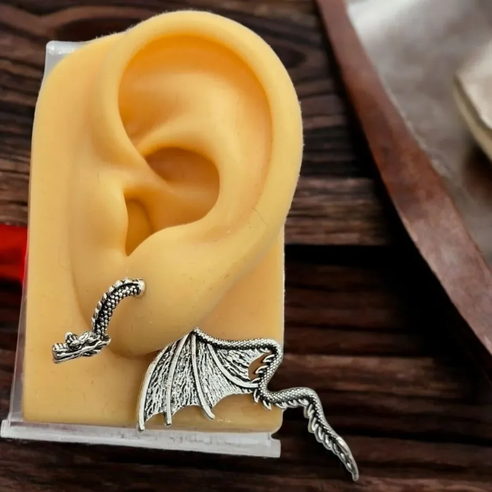 Silver Dragon Ear Jacket Earrings Gothic Fantasy Winged Dragon Cosplay Jewelry